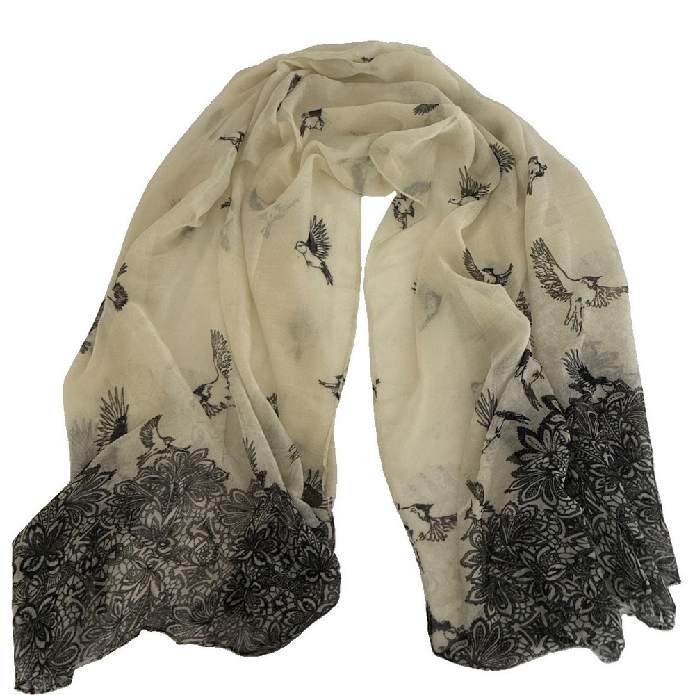 Do Anything In Love Scarf Shawl Ivory Black Floral Birds Whimsical Fairy 70x30"